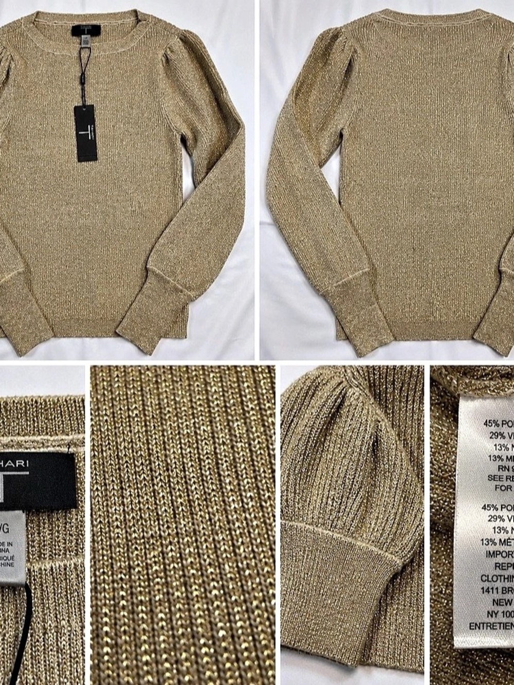 Tahari Metallic Crew Neck Sweater Gold Size Large NWT